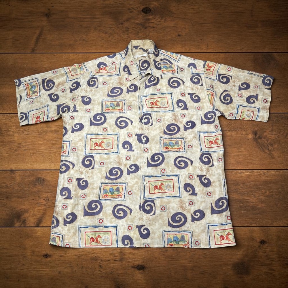 Vintage Burma Bibas Mens XL 100% Silk Hawaiian Camp Novelty Horse Print Shirt